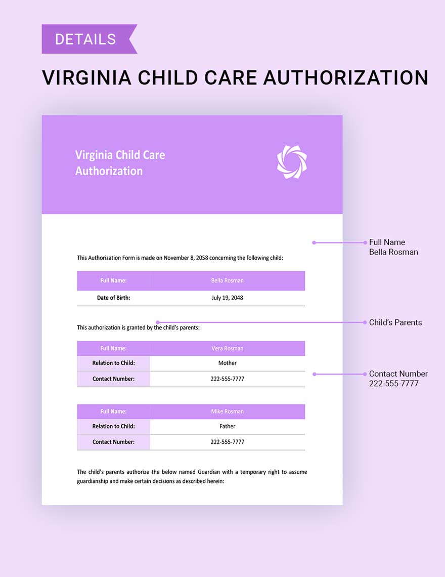 Virginia Child Care Authorization Template