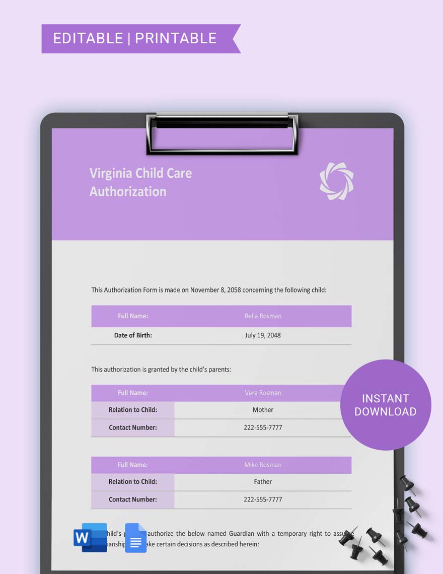 Virginia Child Care Authorization Template in Word, Google Docs
