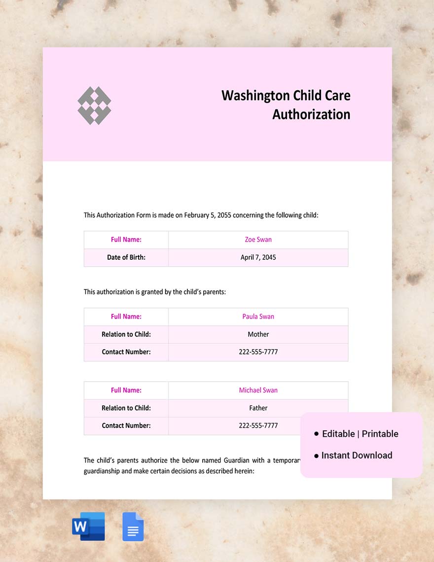 Washington Child Care Authorization Template in Word, Google Docs