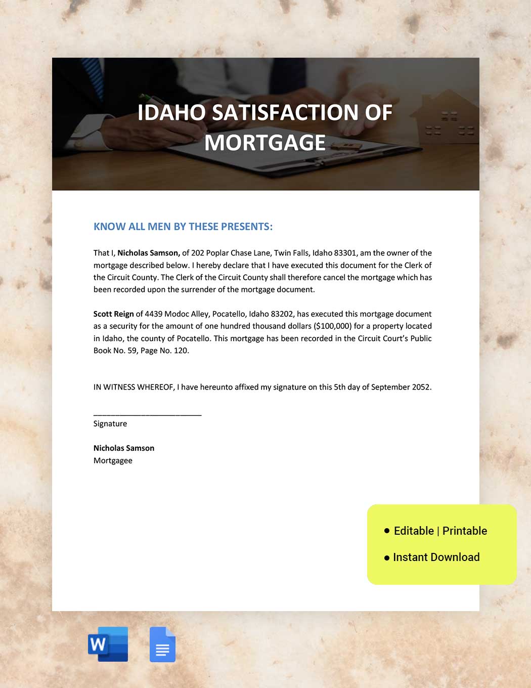 Idaho Satisfaction of Mortgage Template