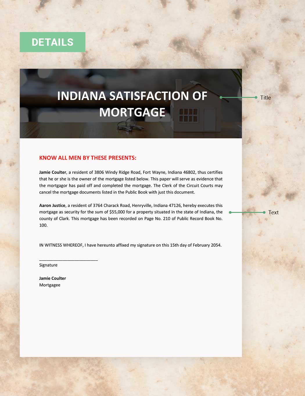 Indiana Satisfaction of Mortgage Template
