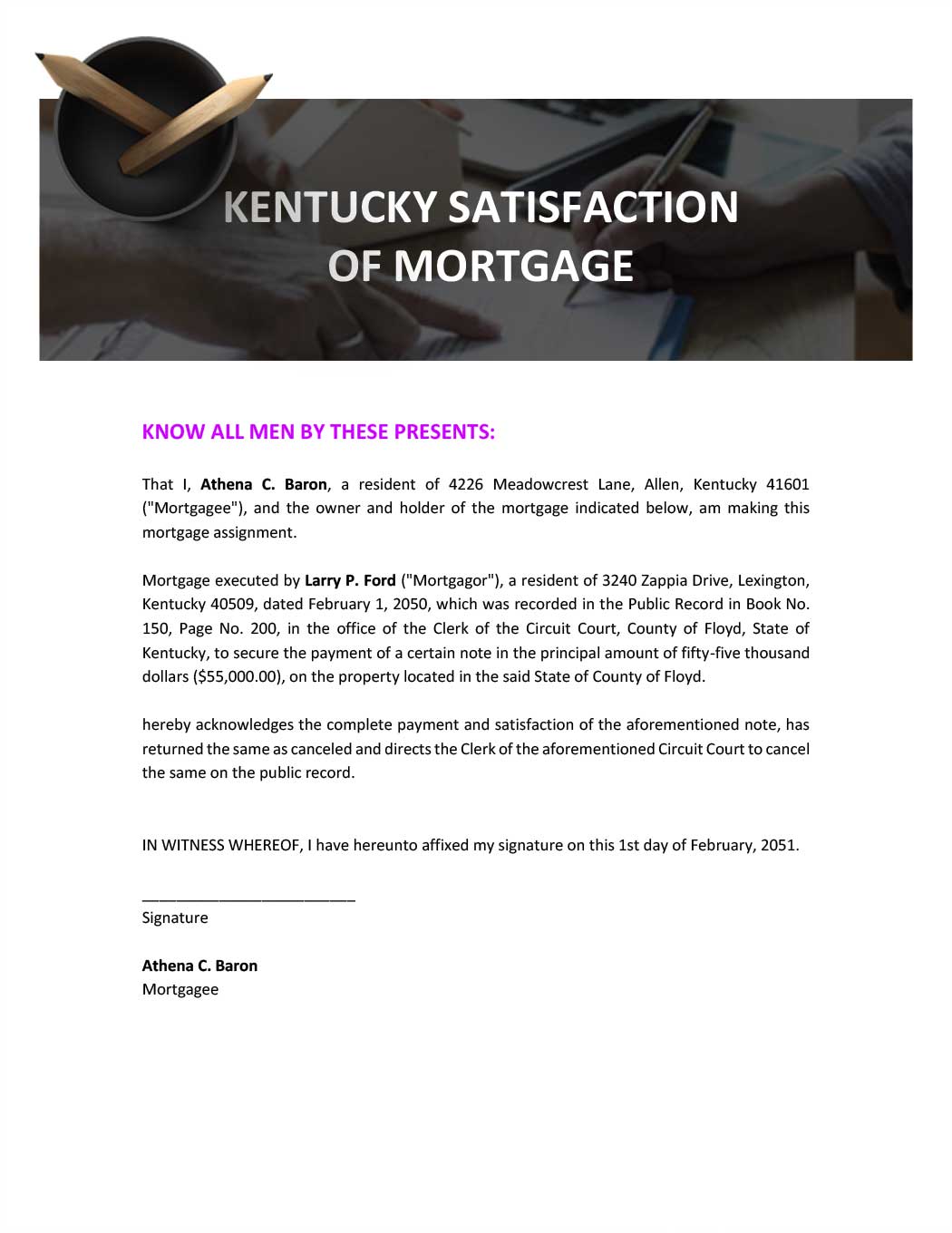 Kentucky Satisfaction Of Mortgage Template