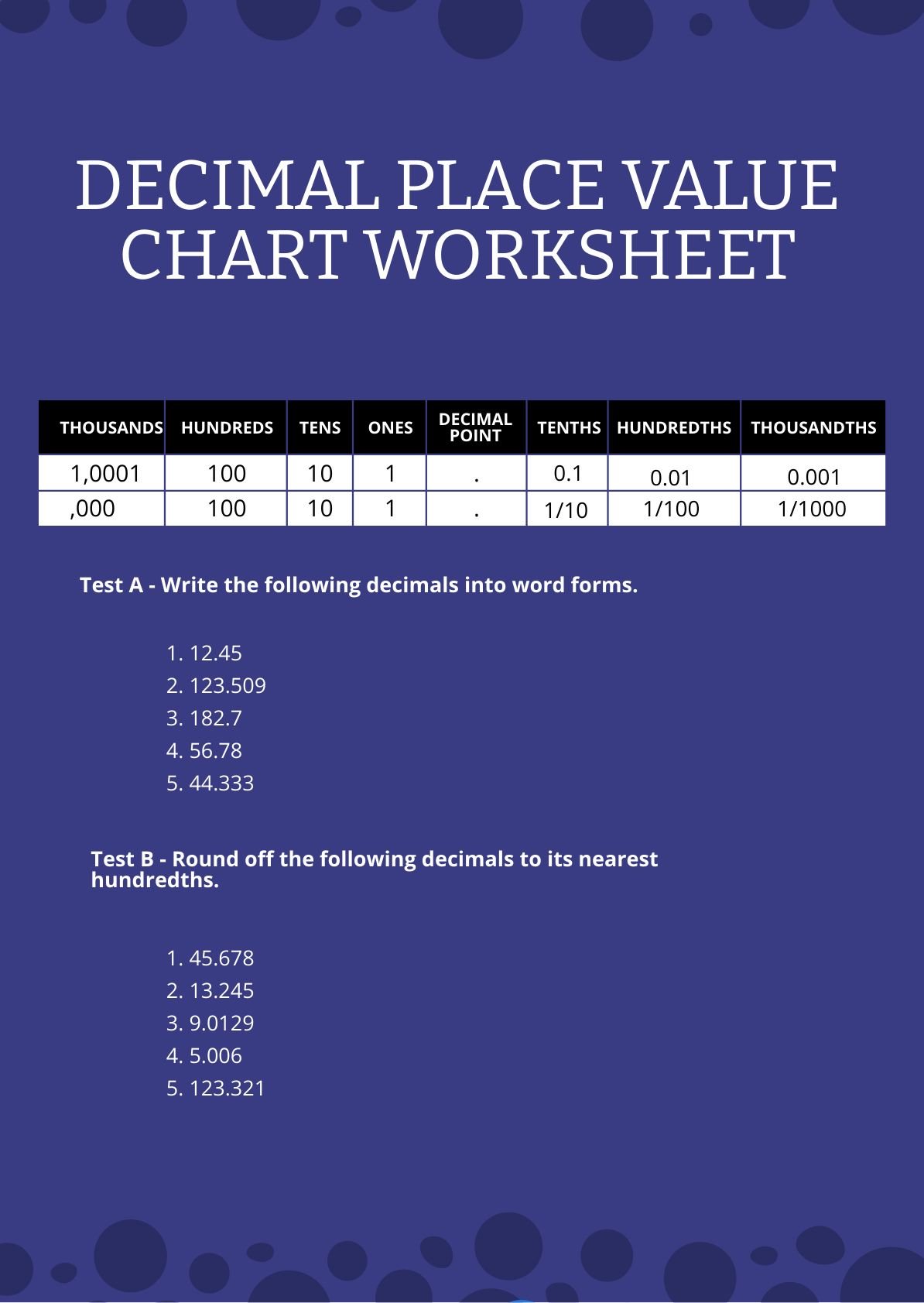Decimal Place Value Chart Worksheet in PDF