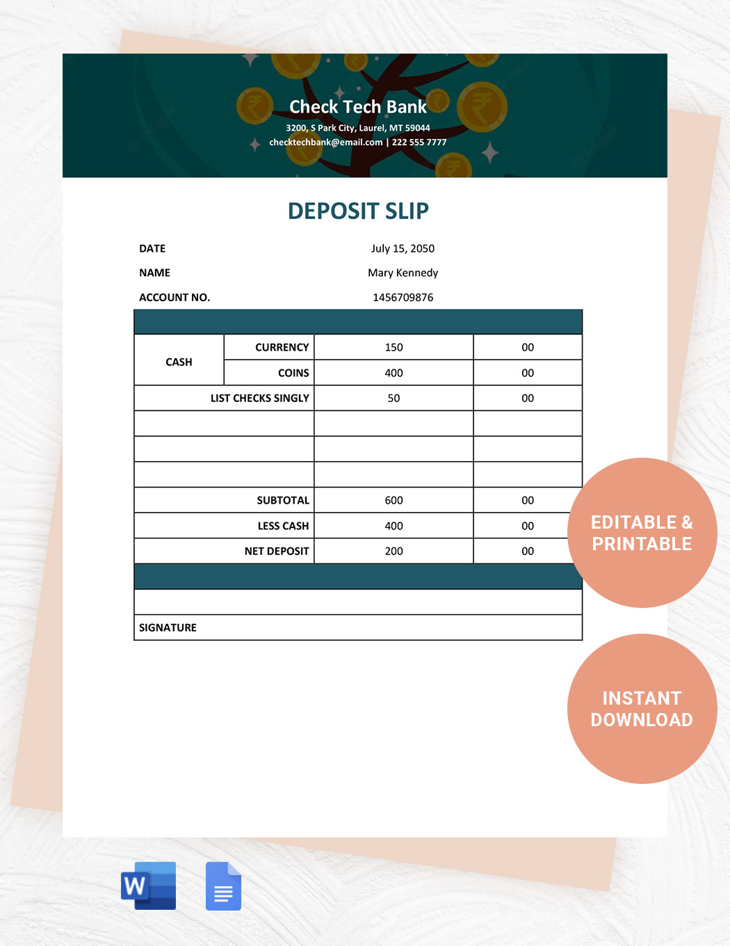 Standard Deposit Slip Template in Word, Google Docs