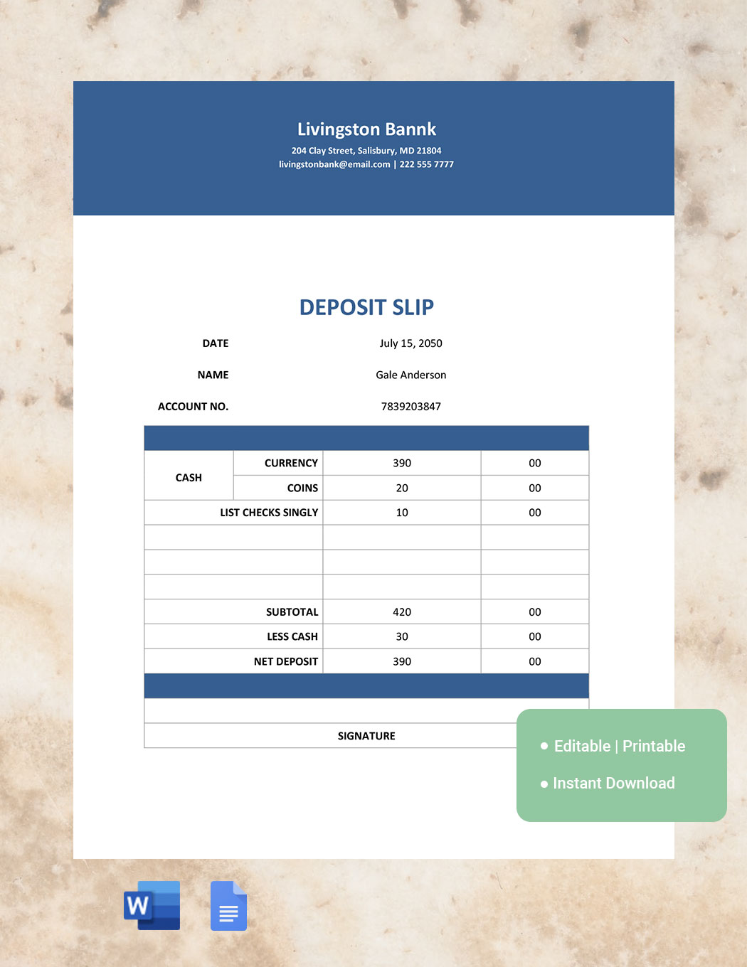 Blank Deposit Slip Template Google Docs Word Template