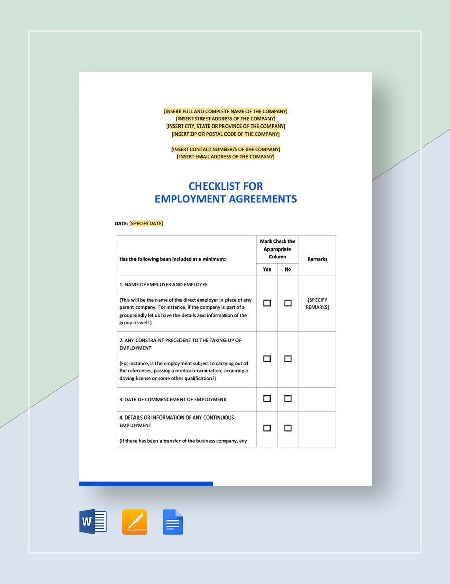 Checklist for Employment Agreement Template - Google Docs, Word, Apple ...