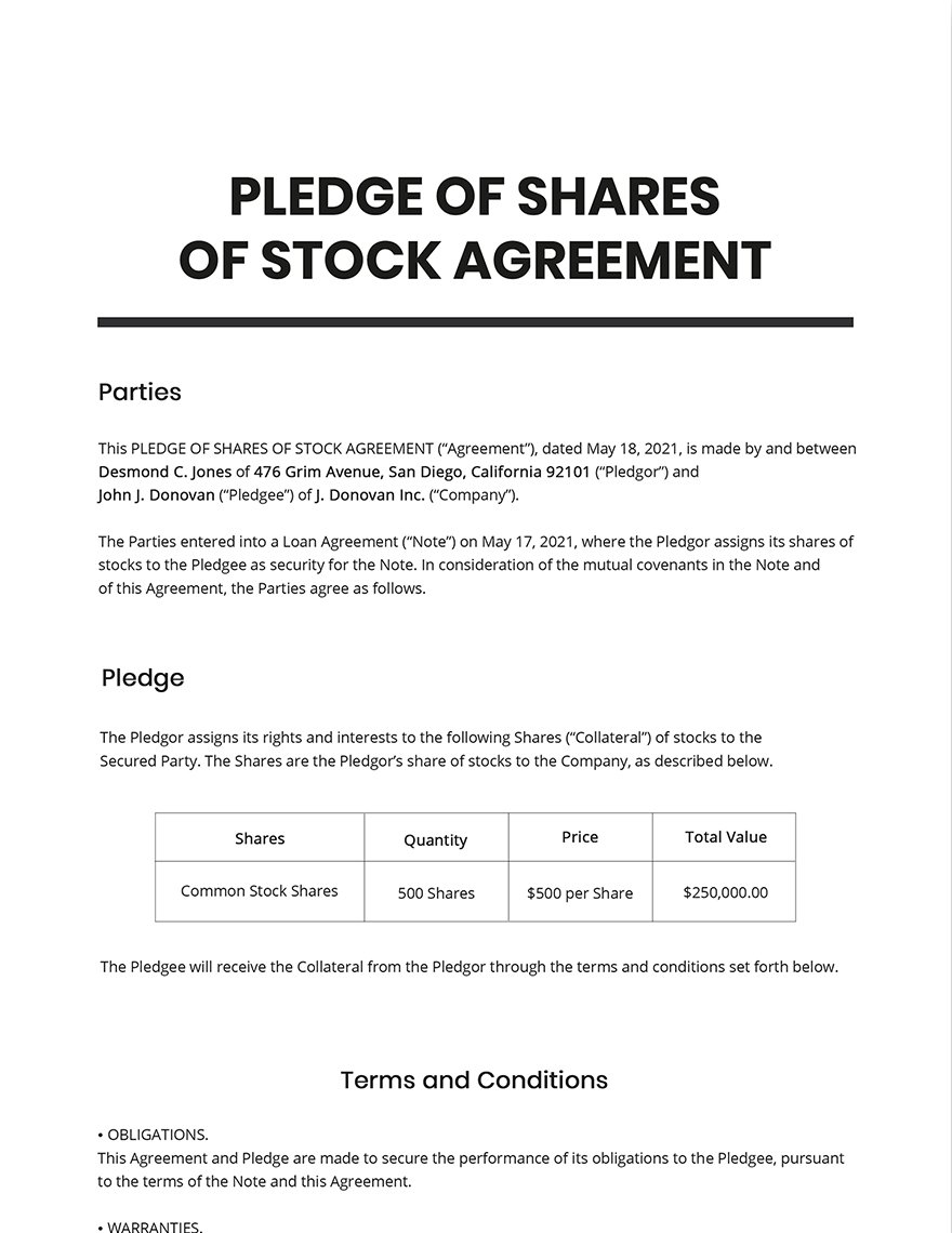 Pledge of Shares of Stock Template