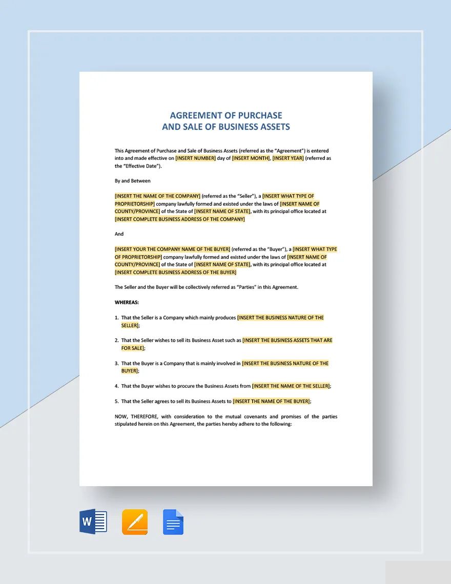 Agreement of Purchase and Sale of Business Assets Short Template