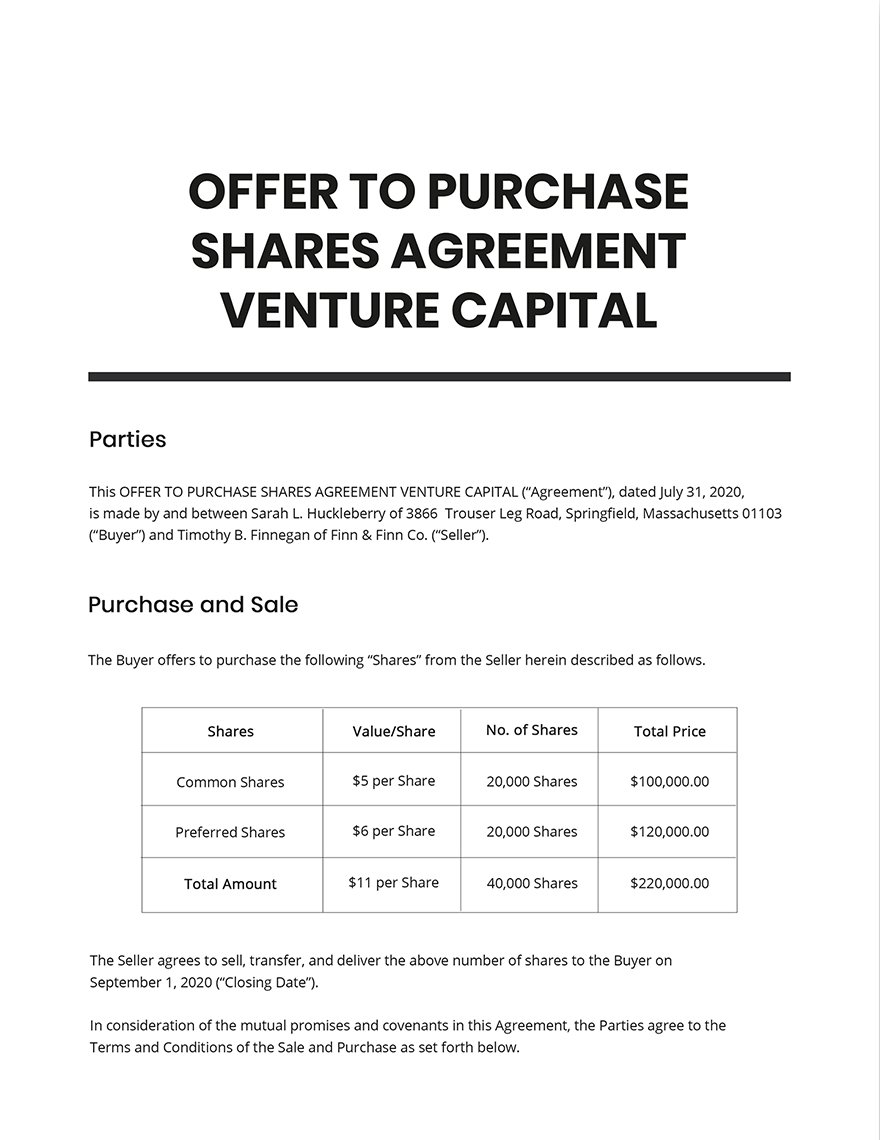 Offer To Purchase Shares Agreement Venture Capital Template