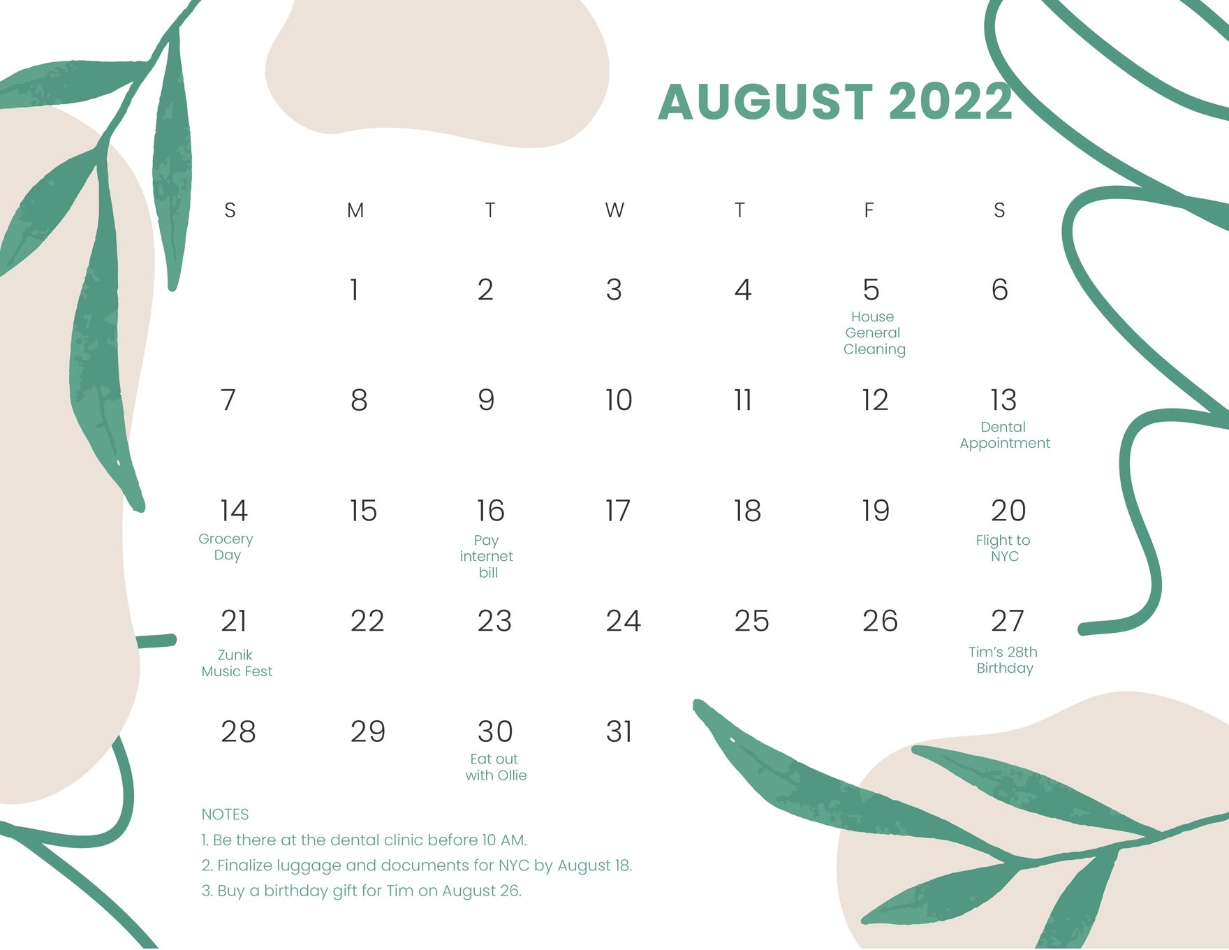 Free Fancy August 2022 Calendar