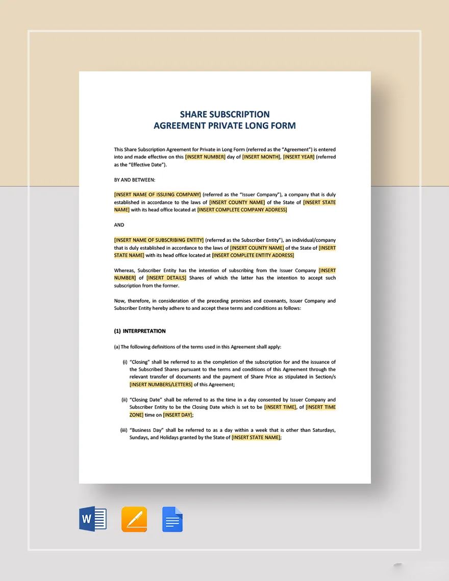Share Subscription Agreement Private Long Form Template