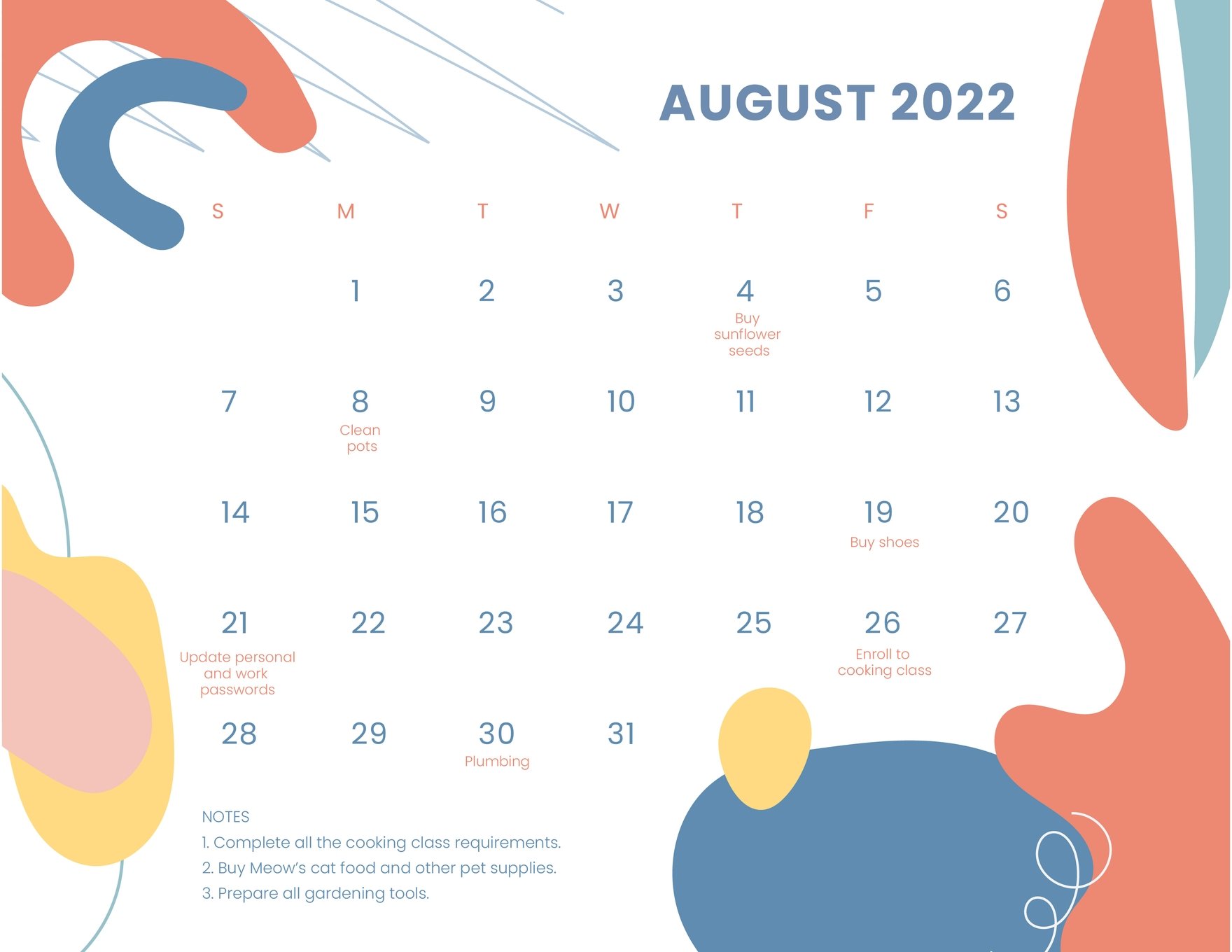 Colorful August 2022 Calendar