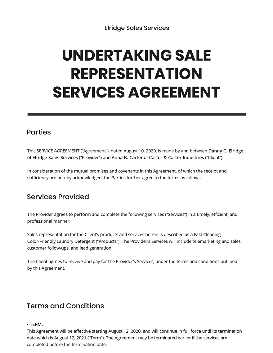Undertaking Sale Representation Services Template