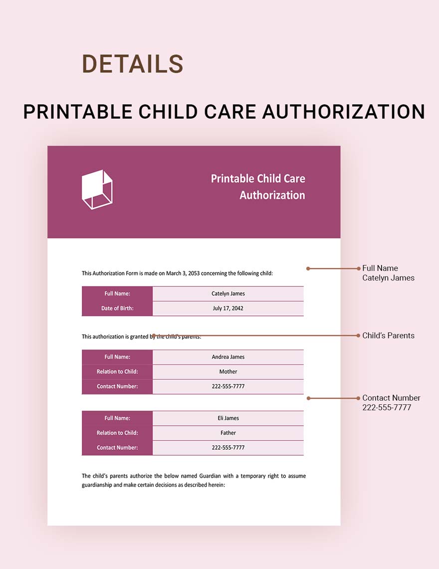 Printable Child Care Authorization Template
