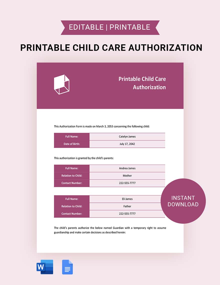 Free Printable Child Care Authorization Template in Word, Google Docs