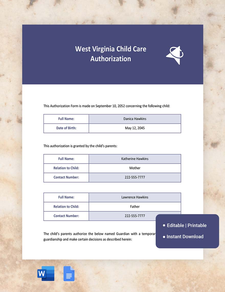 West Virginia Child Care Authorization Template in Word, Google Docs
