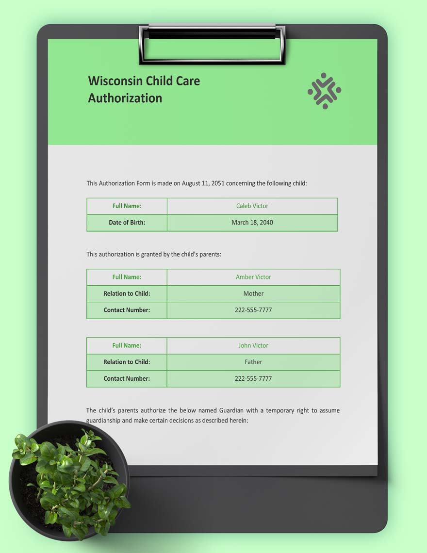 Wisconsin Child Care Authorization Template