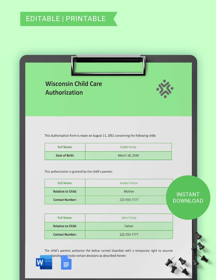 Wisconsin Child Care Authorization Template in Word, Google Docs