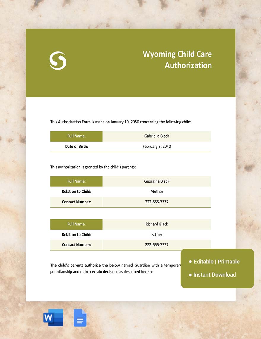 Wyoming Child Care Authorization Template in Word, Google Docs