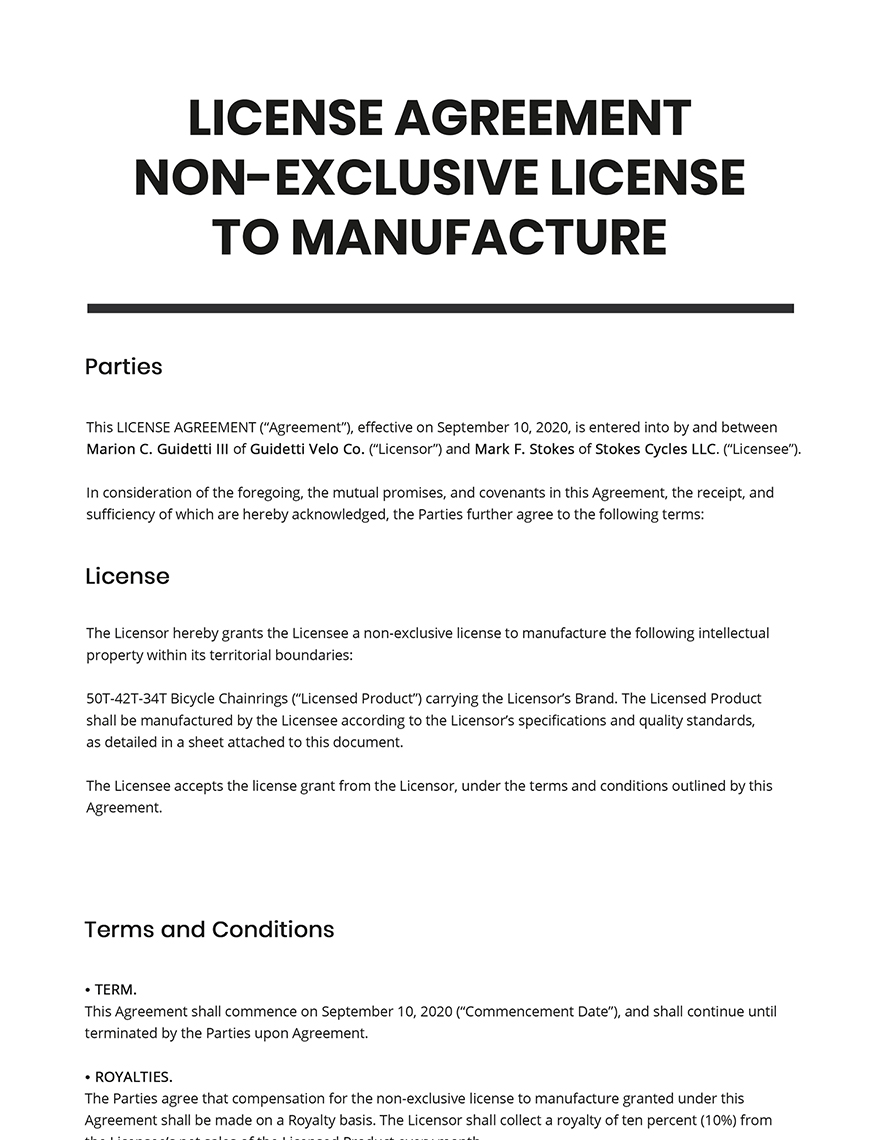 License Agreement Non-Exclusive License To Manufacture Template