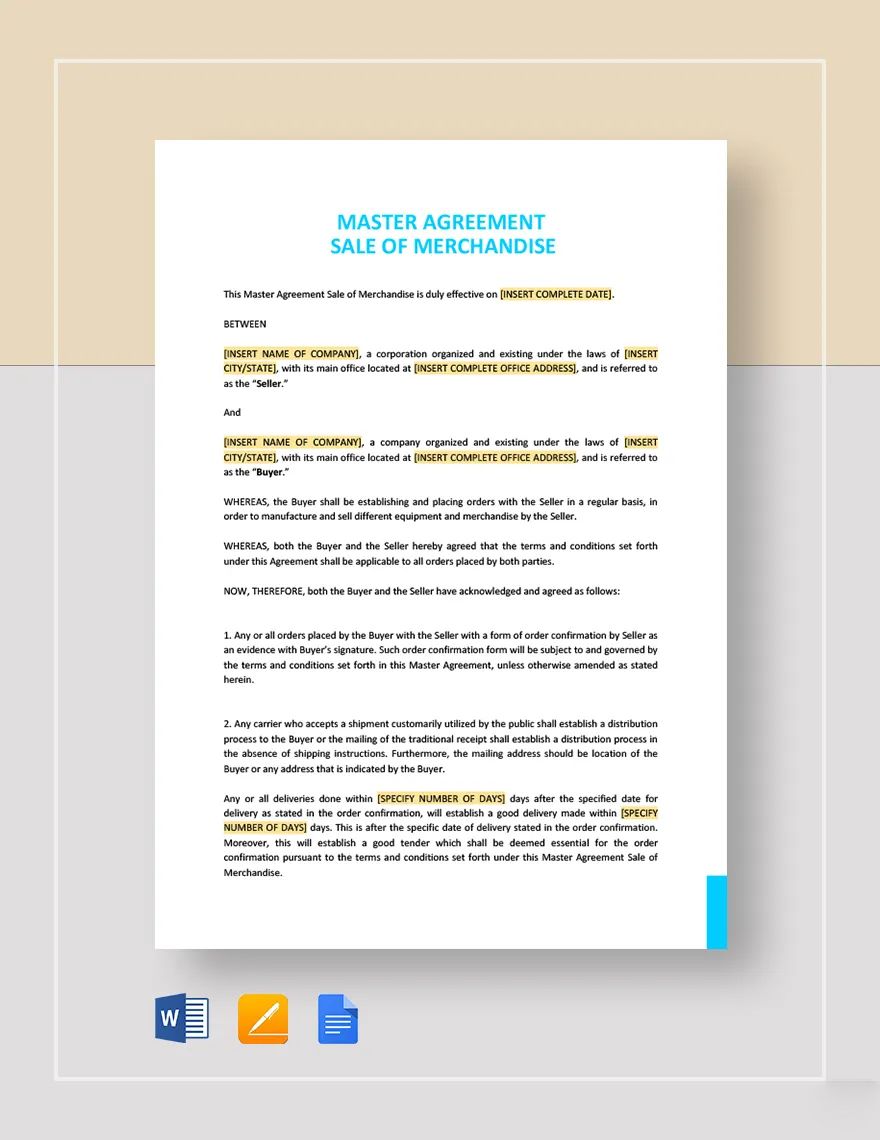 Master Agreement Sale of Merchandise Template in Word, Google Docs, Apple Pages