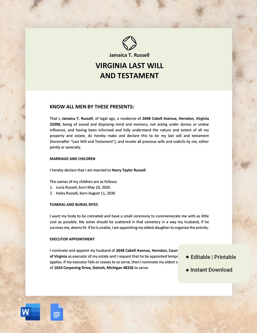 Virginia Last Will And Testament Template in GDocsLink MS Word