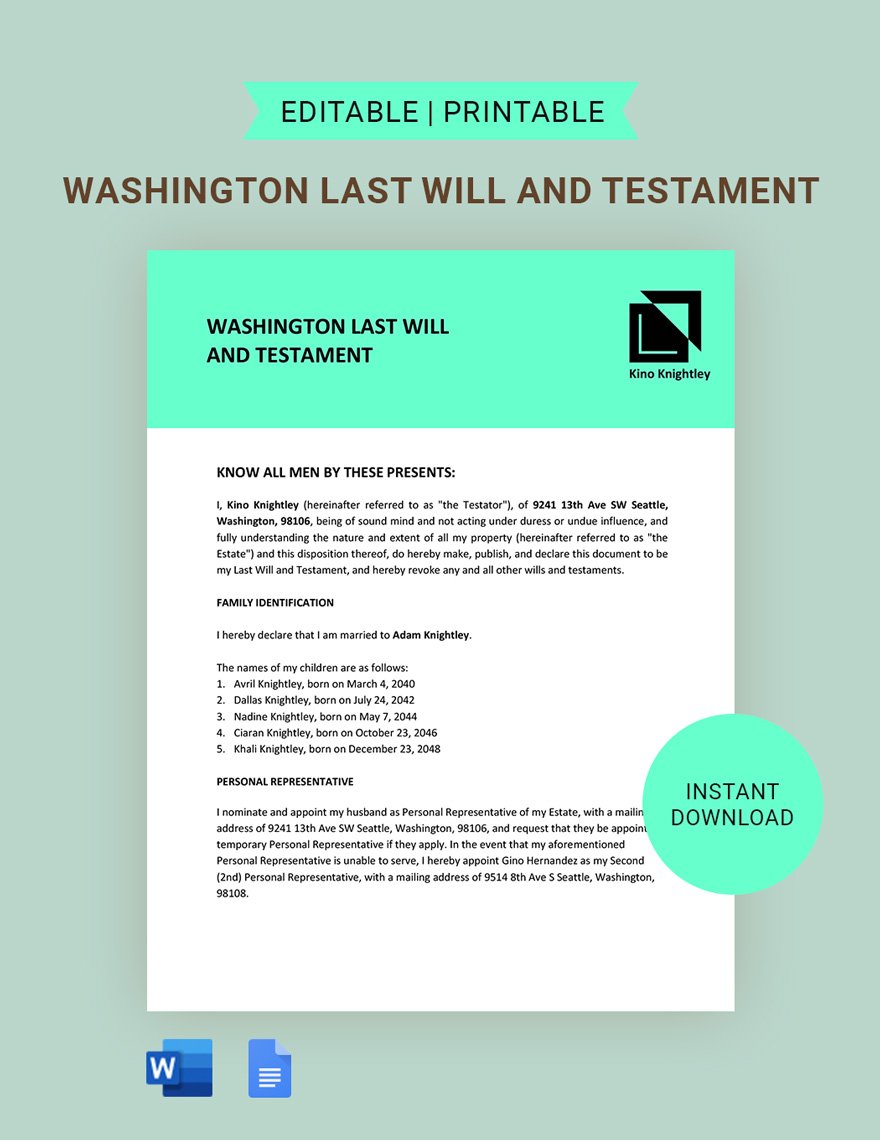 Washington Last Will And Testament Template in Word, Google Docs, PDF