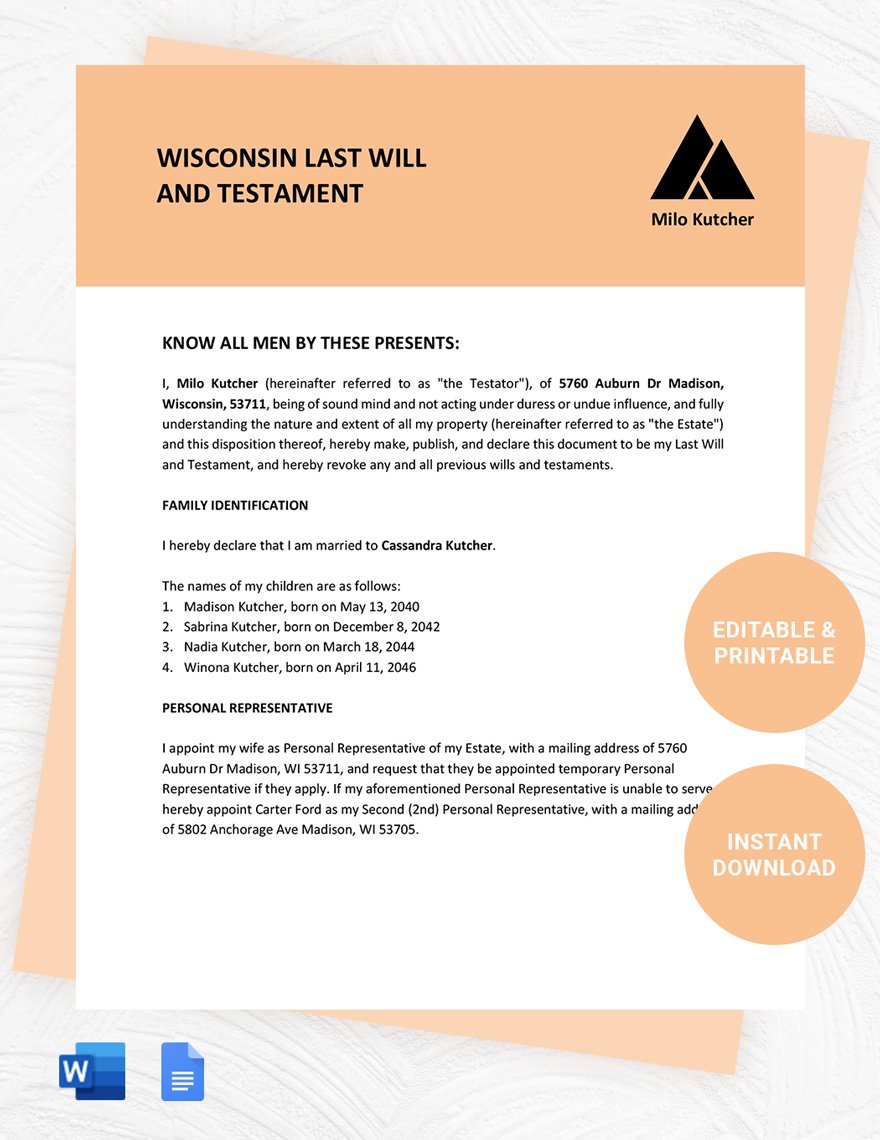 Wisconsin Last Will And Testament Template in Google Docs Word