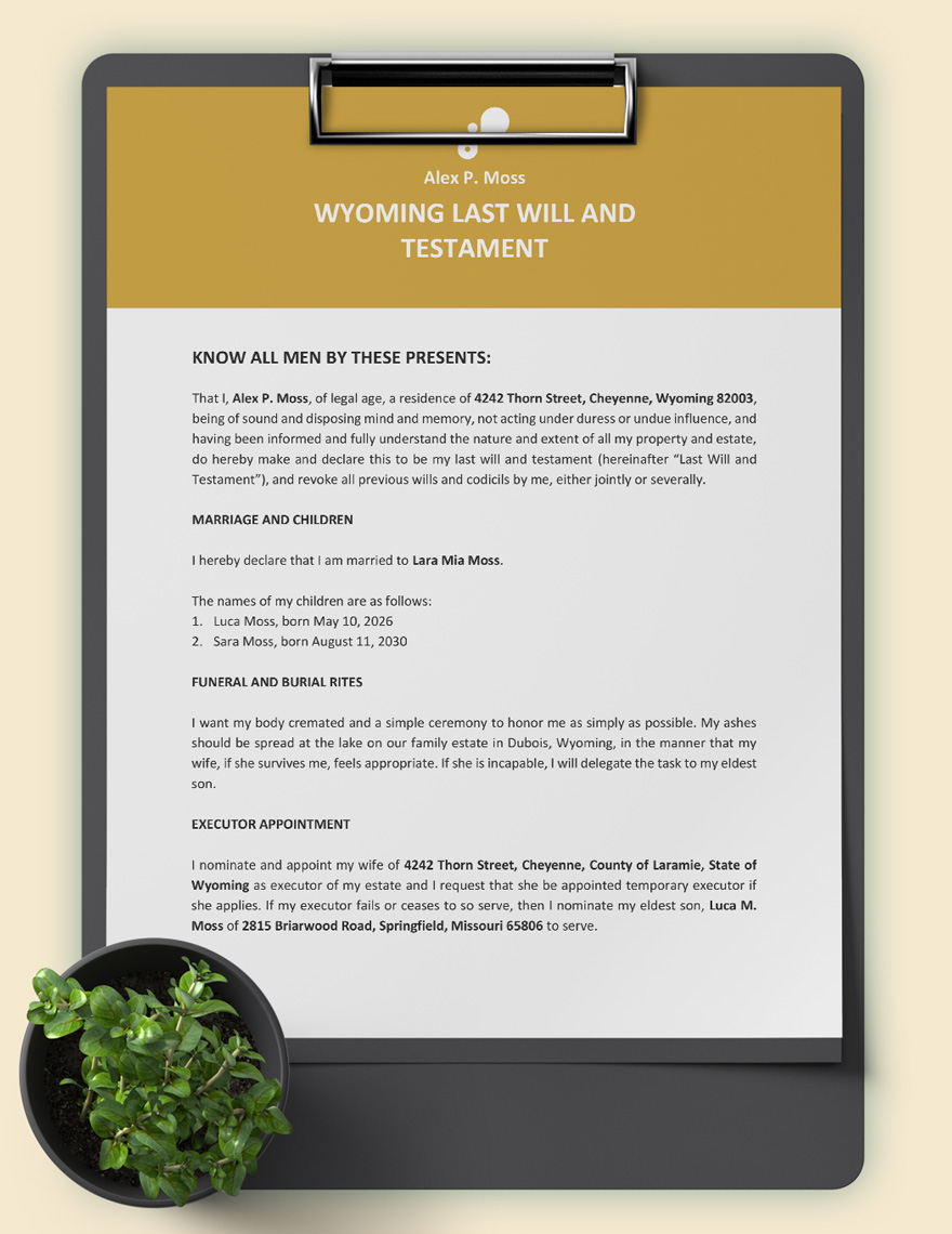 Wyoming Last Will And Testament Template