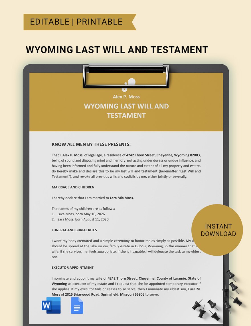 Wyoming Last Will And Testament Template in Word, Google Docs, PDF