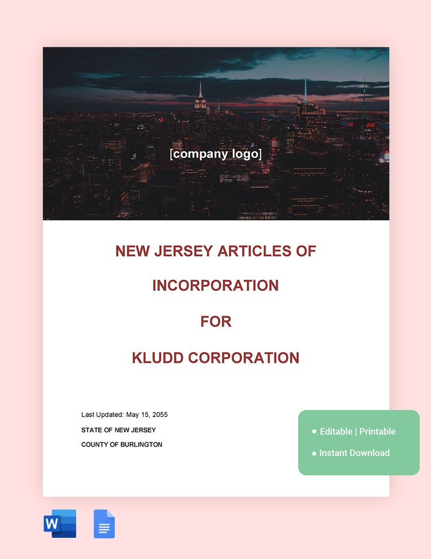 New Jersey Articles Of Incorporation Template in Word, Google Docs
