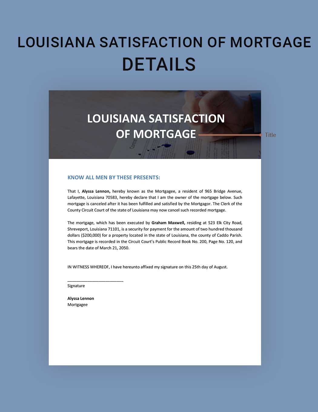 Louisiana Satisfaction of Mortgage Template