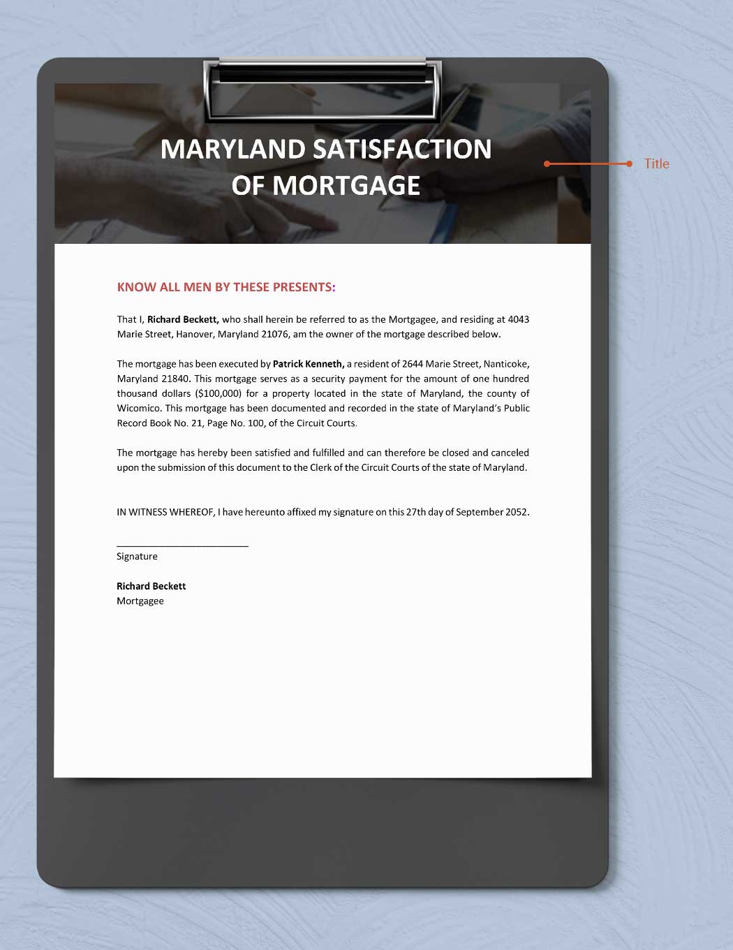 Maryland Satisfaction of Mortgage Template