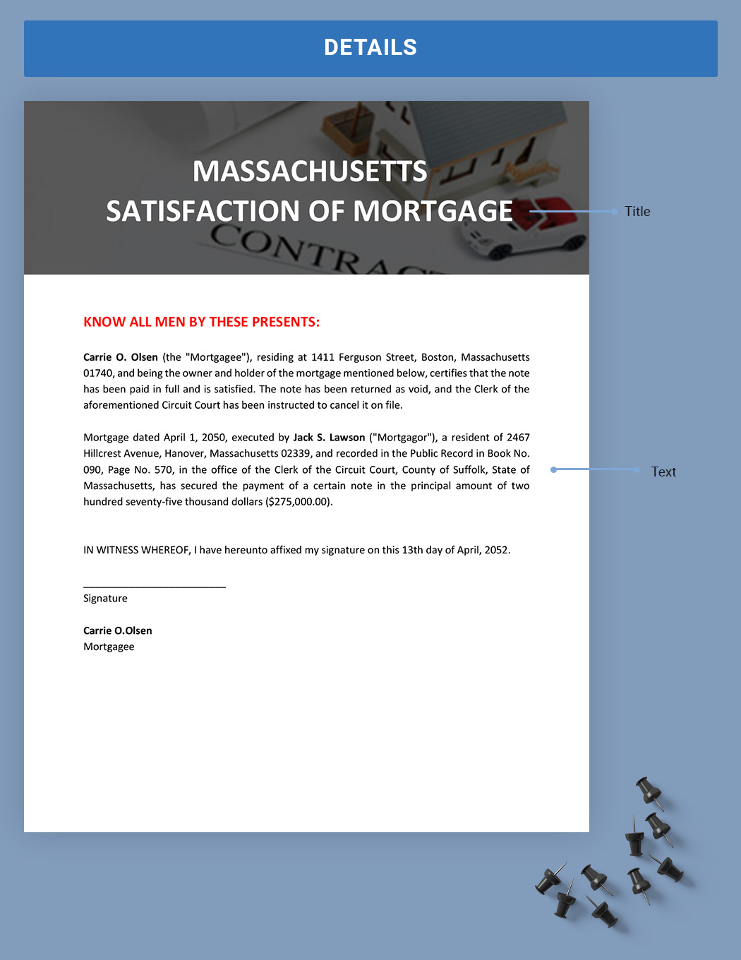 Massachusetts Satisfaction Of Mortgage Template
