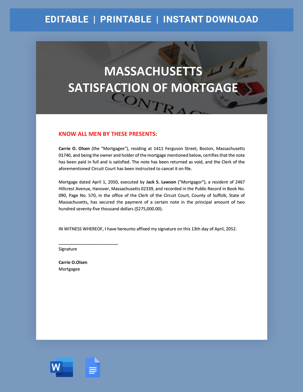 Massachusetts Satisfaction Of Mortgage Template