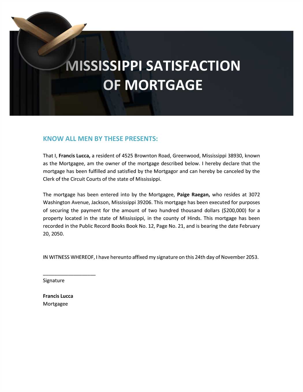 Mississippi Satisfaction Of Mortgage Template