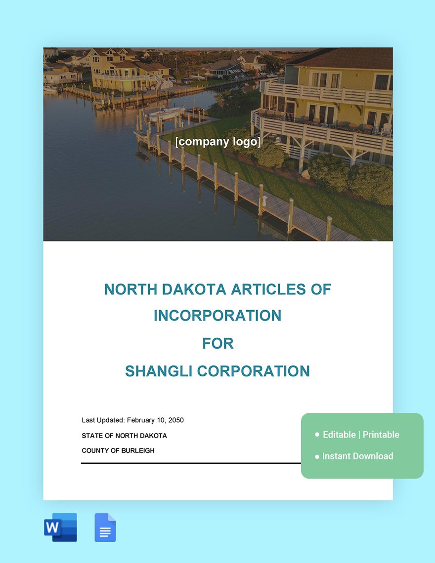 North Dakota Articles Of Incorporation Template in Word, Google Docs