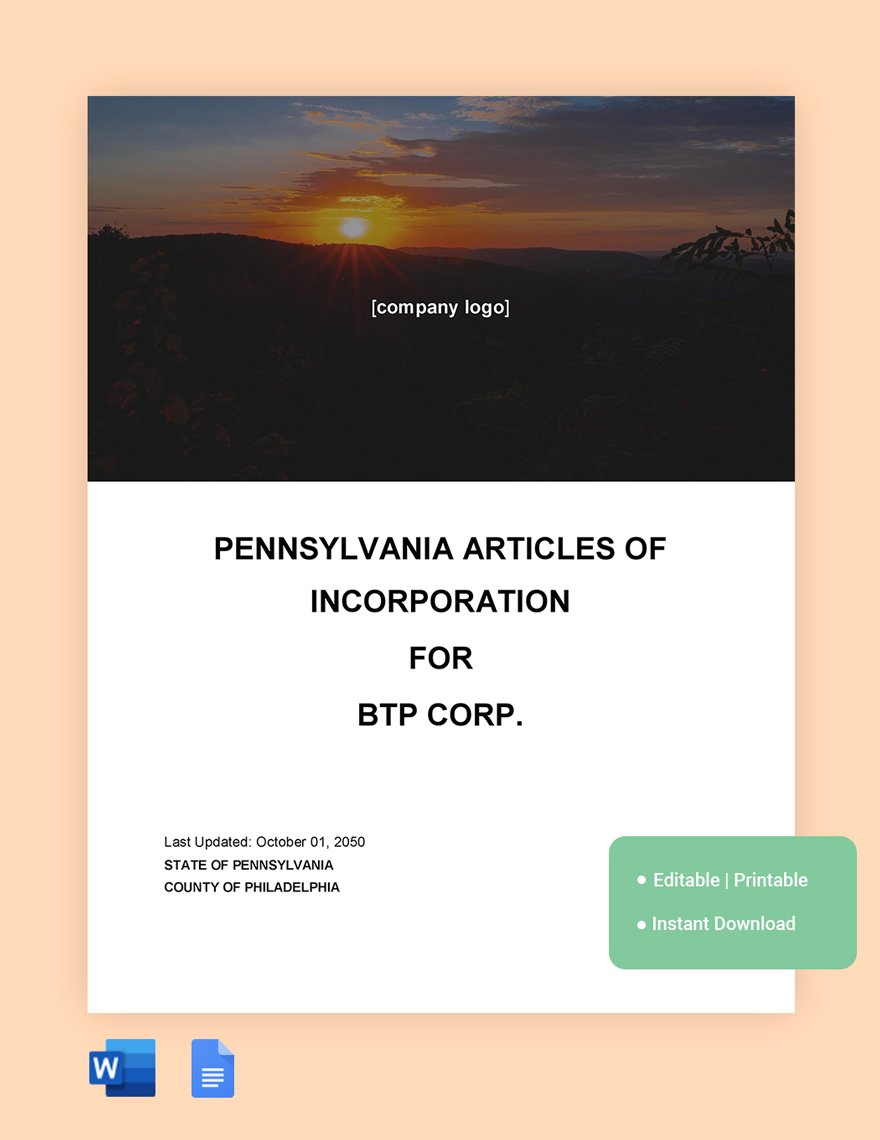 Pennsylvania Articles Of Incorporation Template in Word, Google Docs