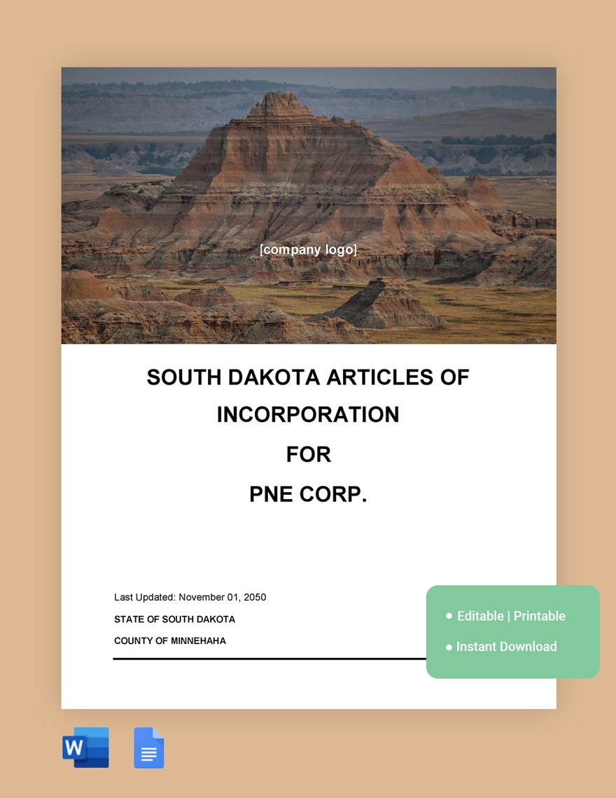 South Dakota Articles Of Incorporation Template in Word, Google Docs