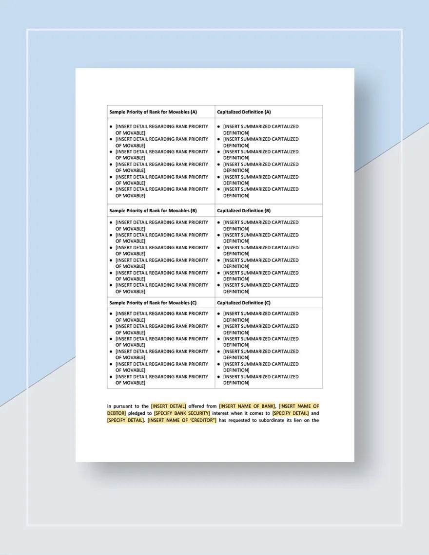 Cession of Priority of Rank Agreement Template