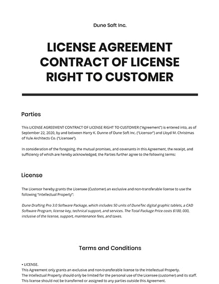 License Agreement Contract of License Right to Customer 
