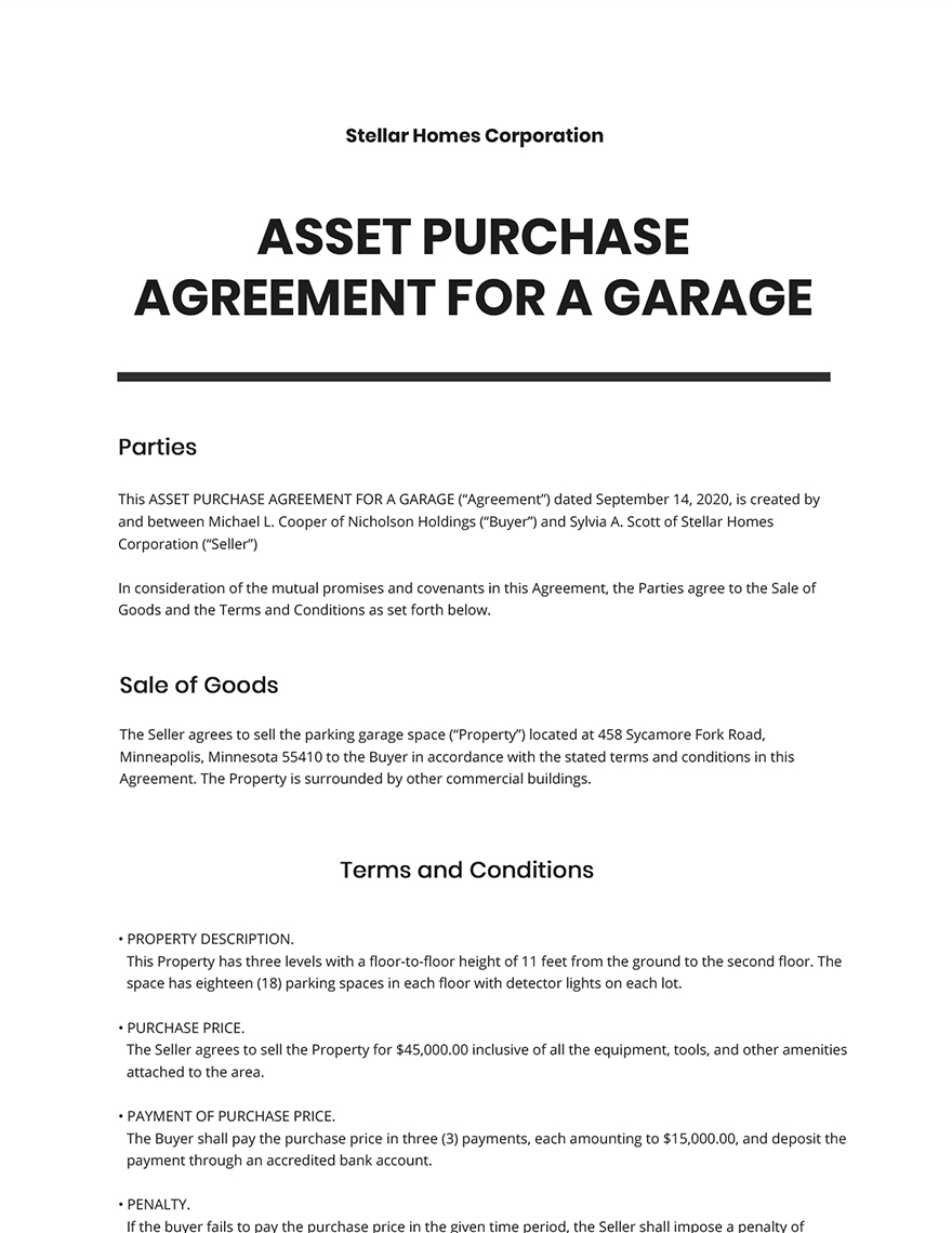 Asset Purchase Agreement For a Garage Template