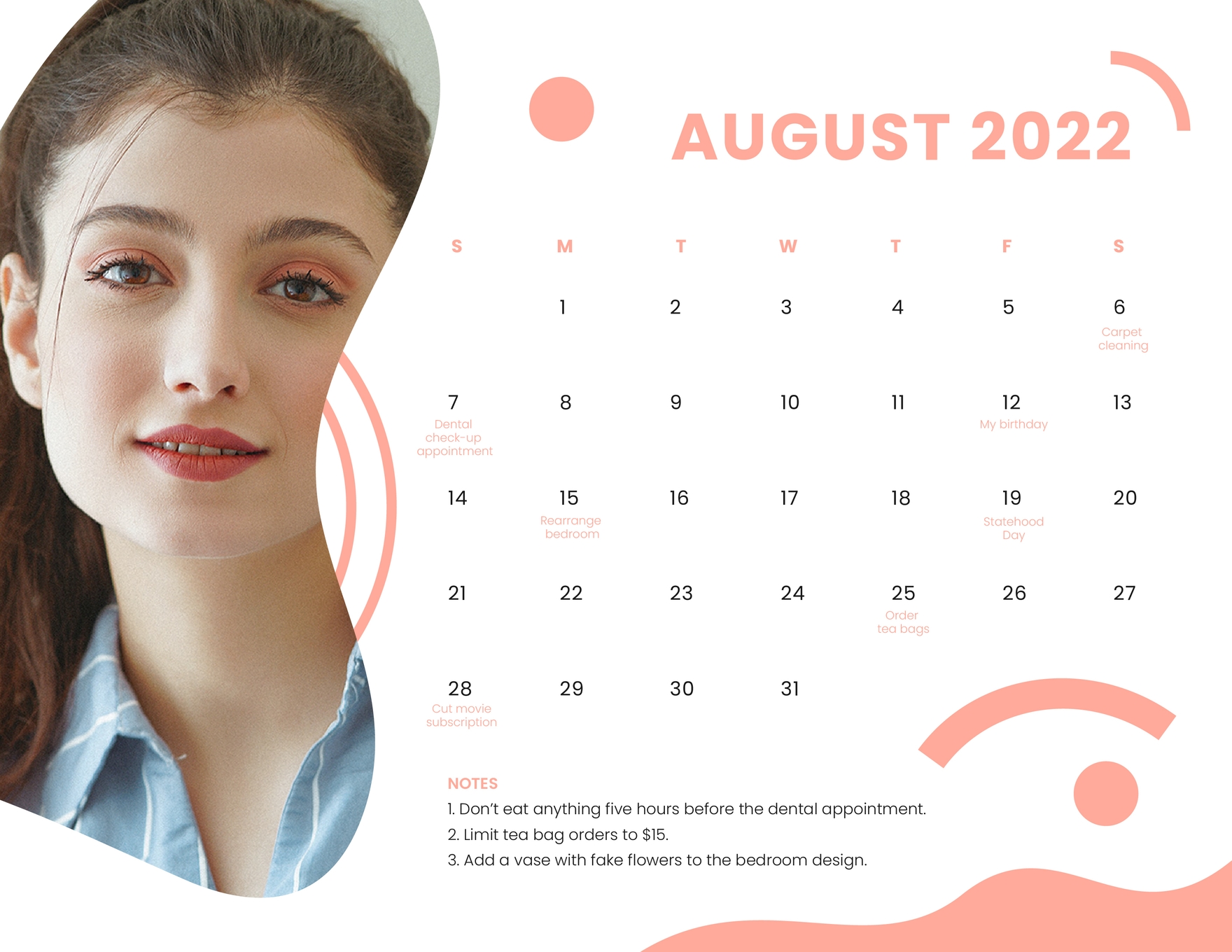 Free August 2022 Photo Calendar Illustrator Word PSD Template