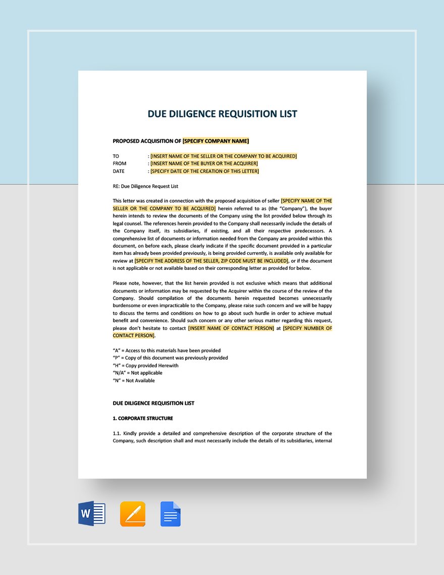 Due Diligence Requisition List Template