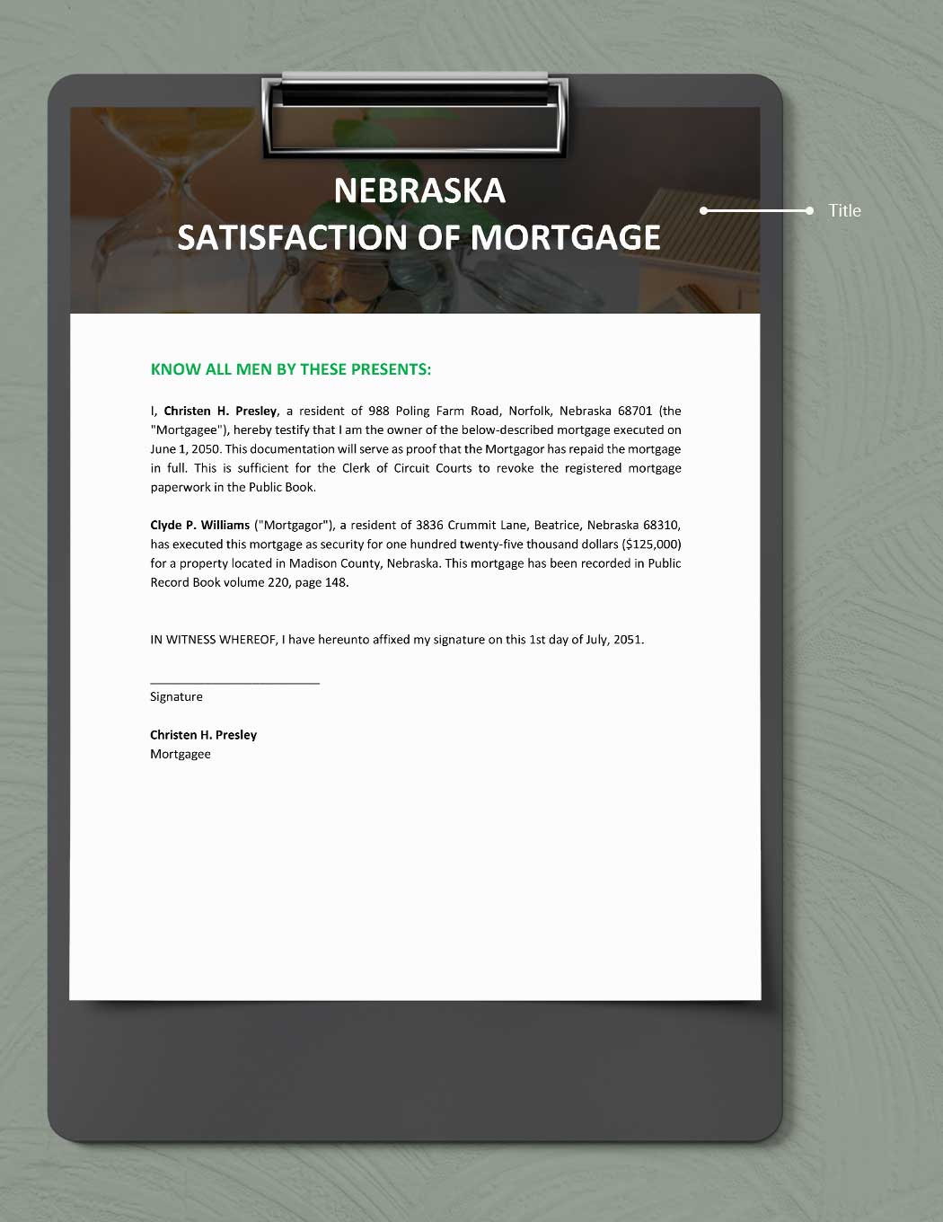 Nebraska Satisfaction Of Mortgage Template
