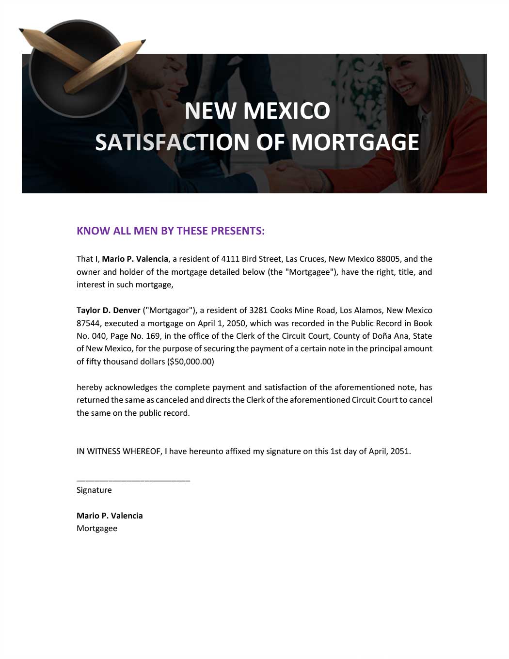 New Mexico Satisfaction Of Mortgage Template