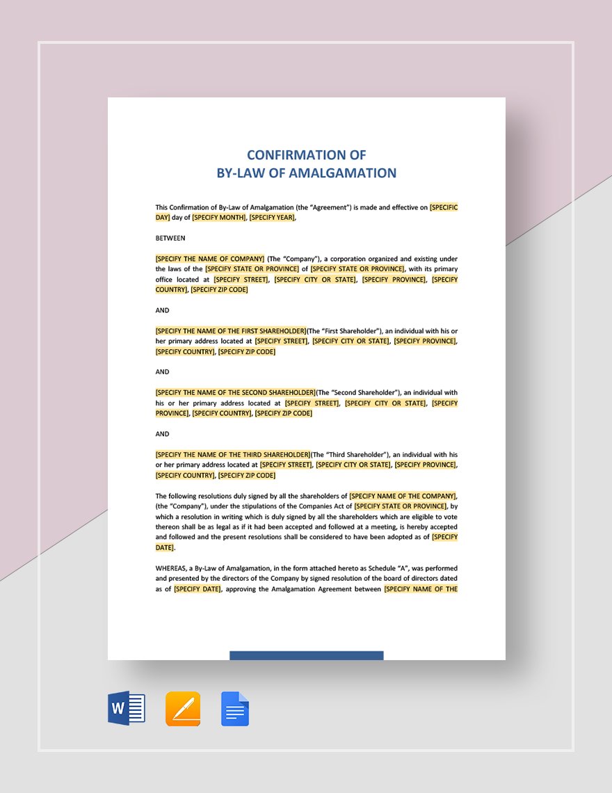 Free Confirmation of By-Law of Amalgamation Template in Word, Google Docs, PDF, Apple Pages