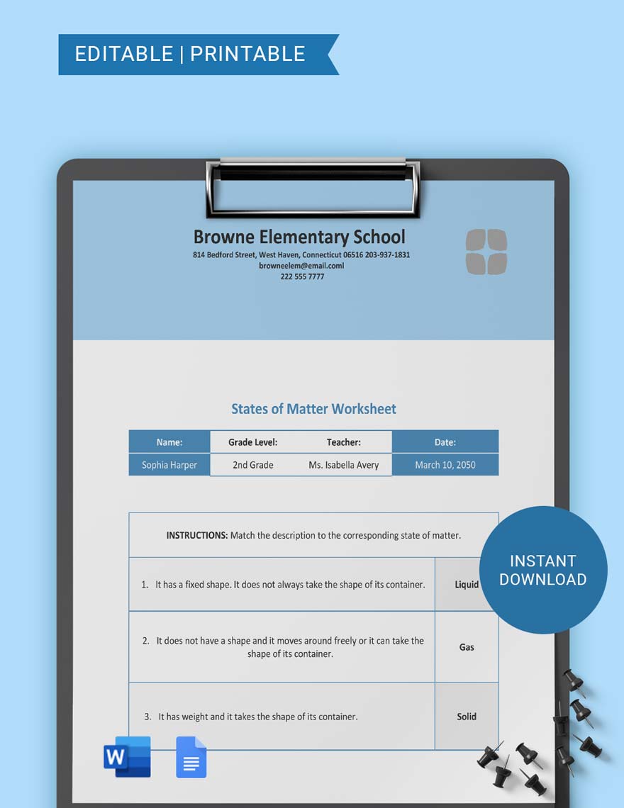 States Of Matter Matching Worksheet