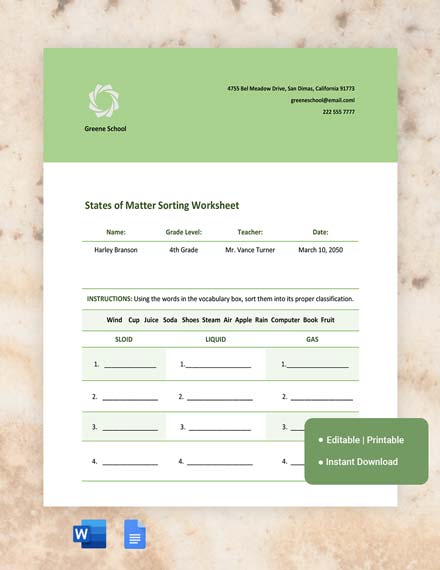 Three States Of Matter Worksheet - Download in Word, Google Docs ...