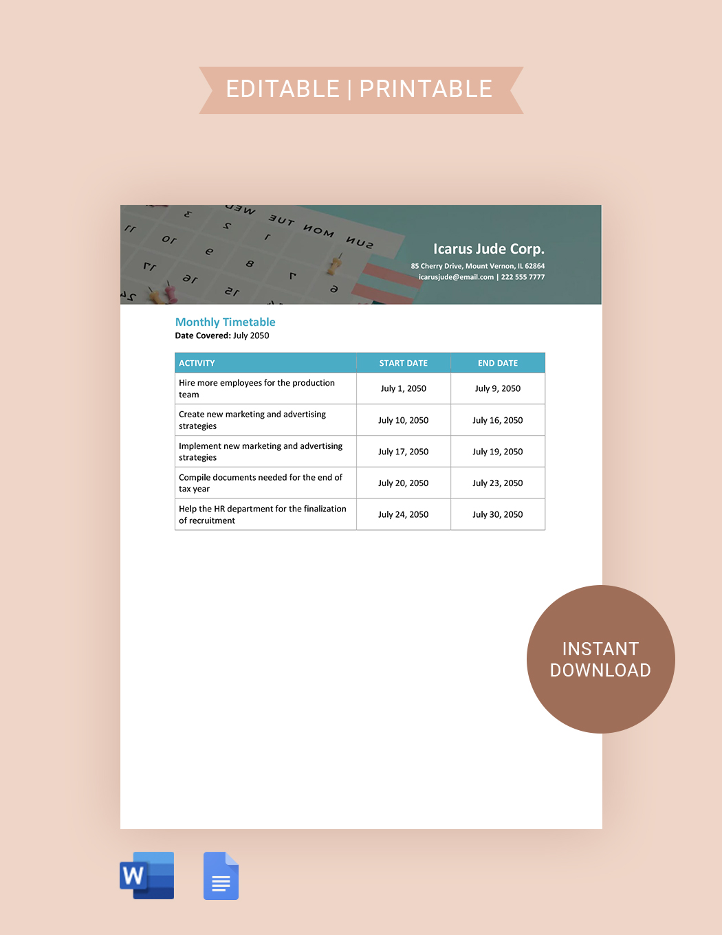 Monthly Timetable Template